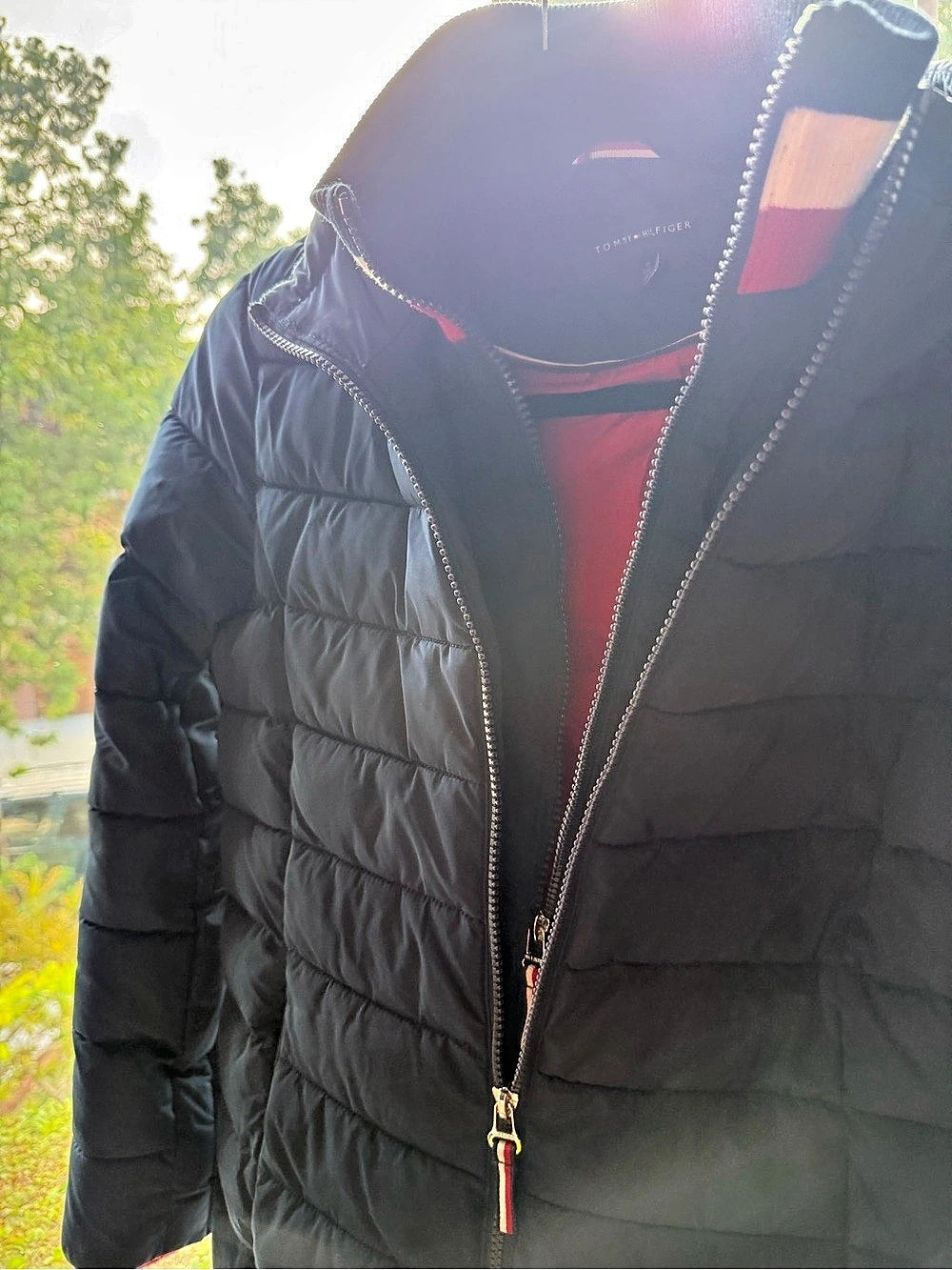 Tommy Hilfiger Color Block Puffer Jacket in Black & Red Size Medium